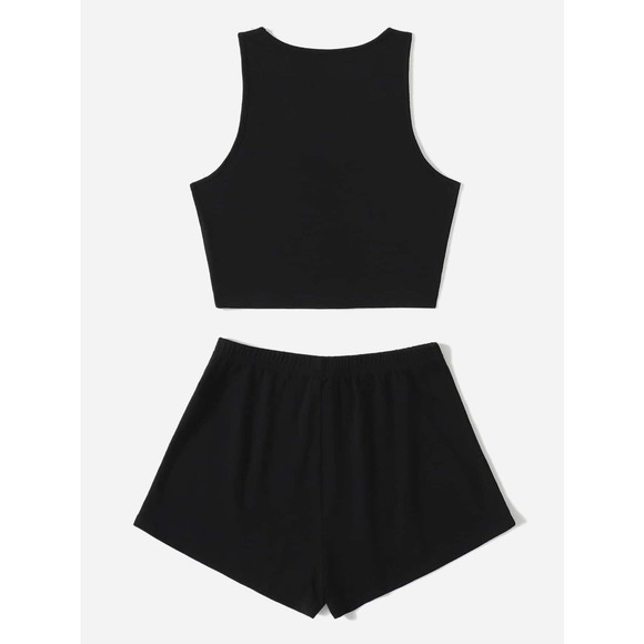 black two piece set: Crop Tank Top & Knot Front Shorts athleisure - Picture 2 of 11